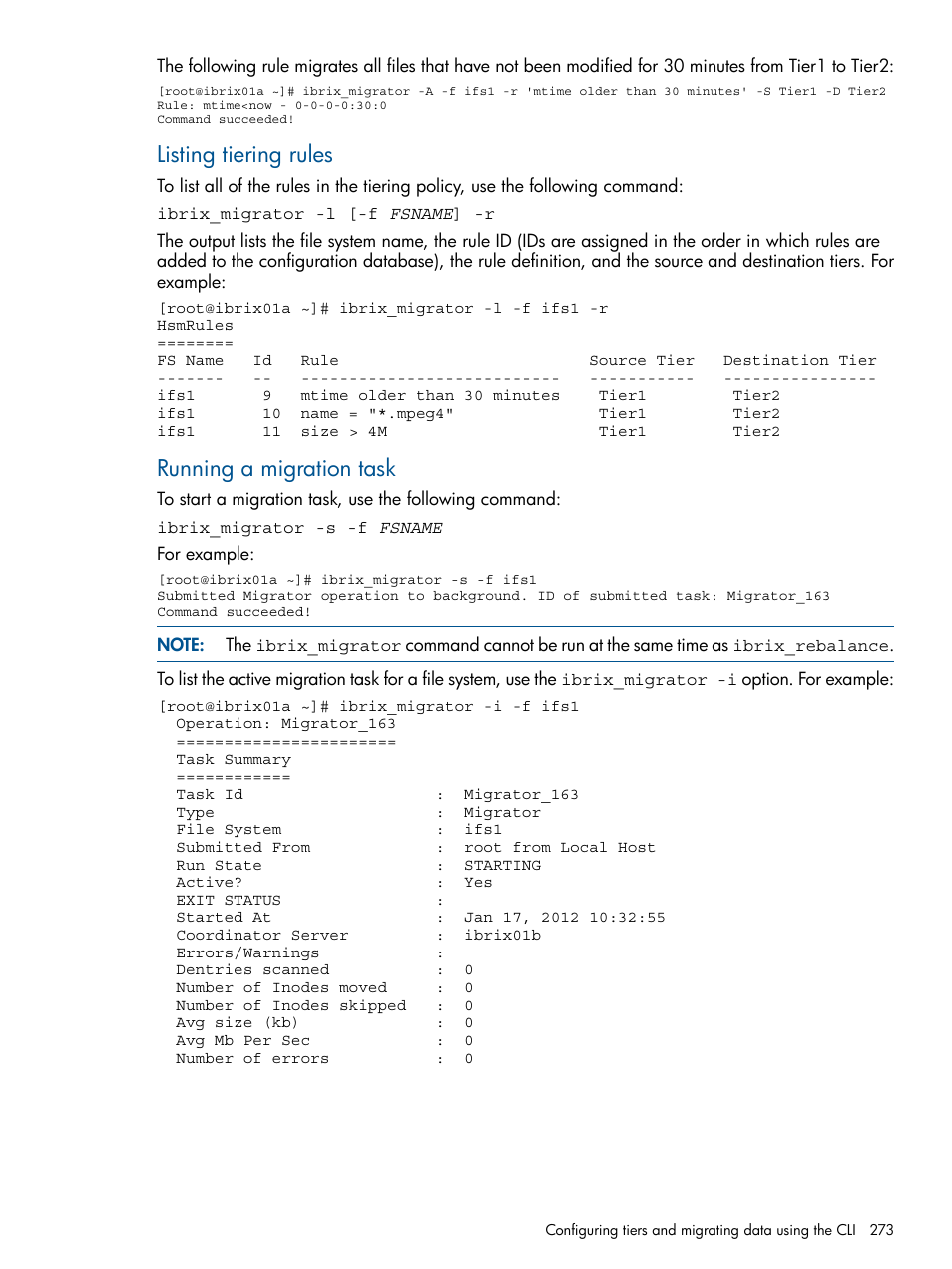 Listing tiering rules, Running a migration task | HP StoreAll Storage User Manual | Page 273 / 294