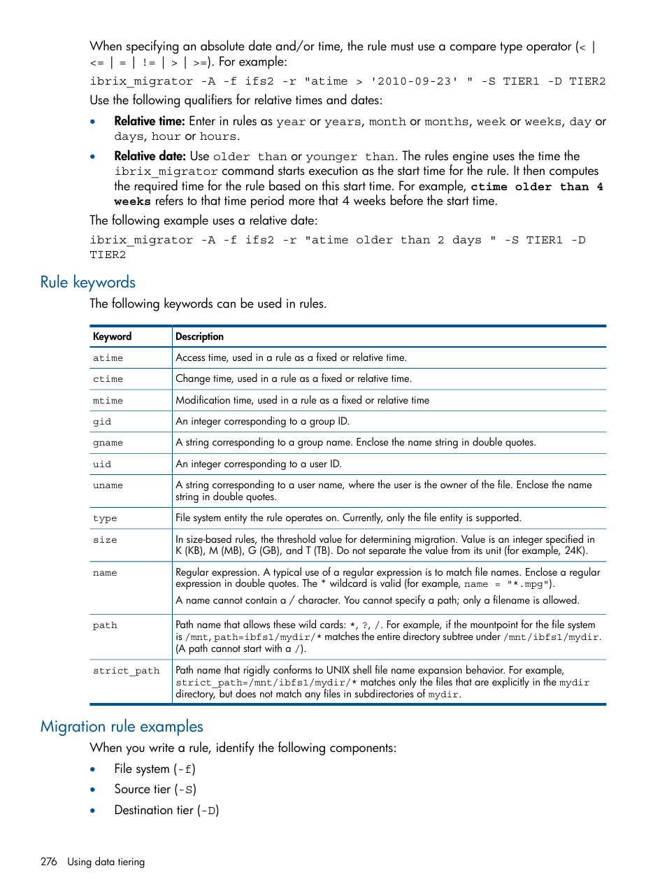 Rule keywords, Migration rule examples, Rule keywords migration rule examples | HP StoreAll Storage User Manual | Page 276 / 294