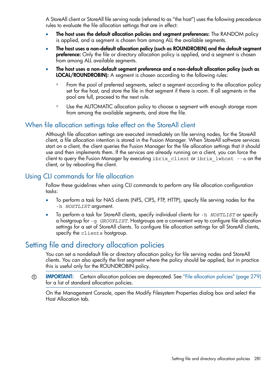 Using cli commands for file allocation, Setting file and directory allocation policies | HP StoreAll Storage User Manual | Page 281 / 294