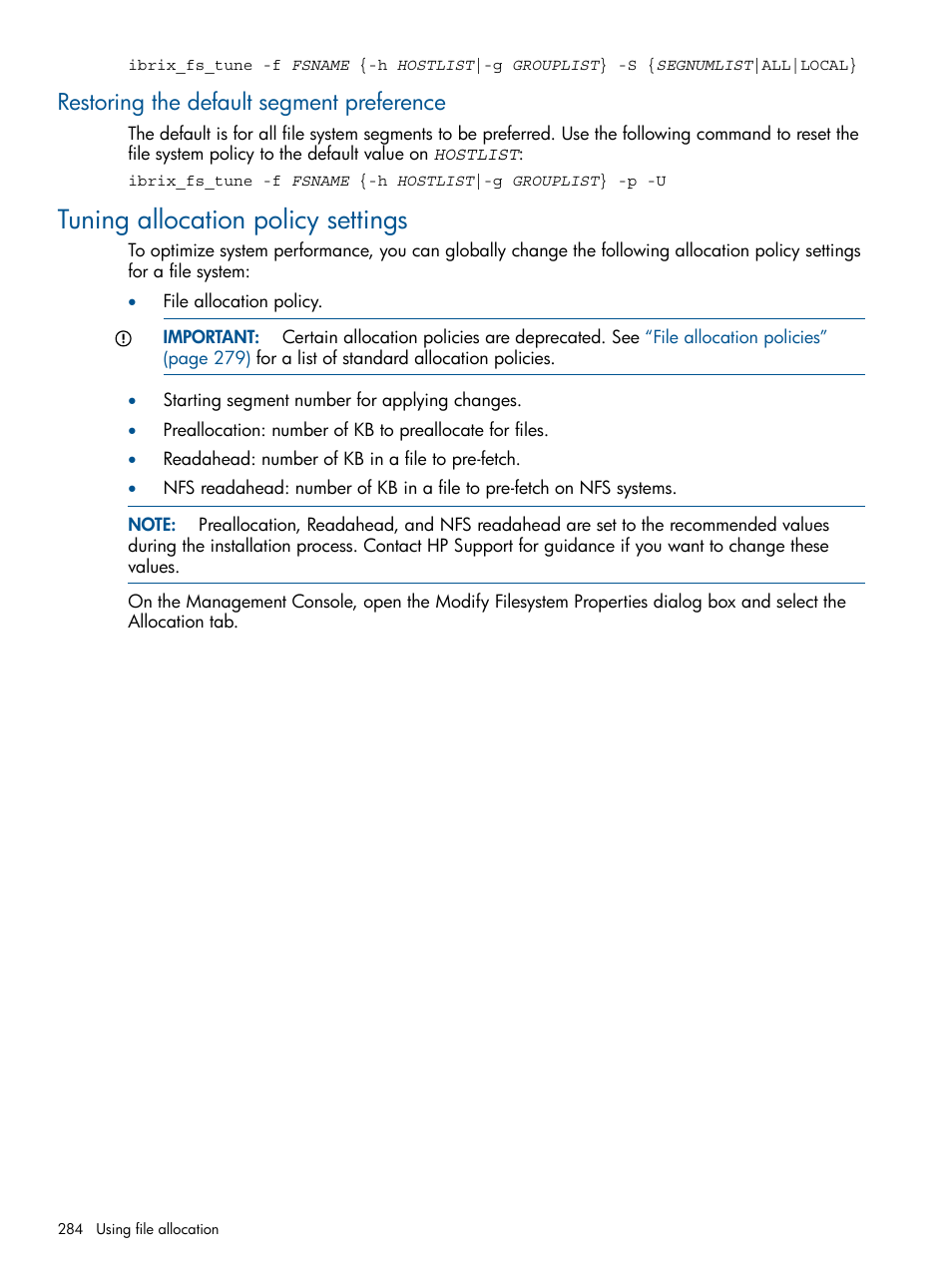 Restoring the default segment preference, Tuning allocation policy settings | HP StoreAll Storage User Manual | Page 284 / 294
