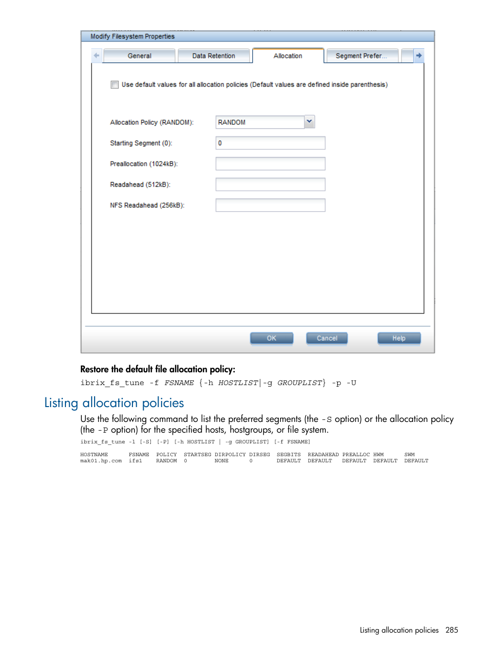 Listing allocation policies | HP StoreAll Storage User Manual | Page 285 / 294