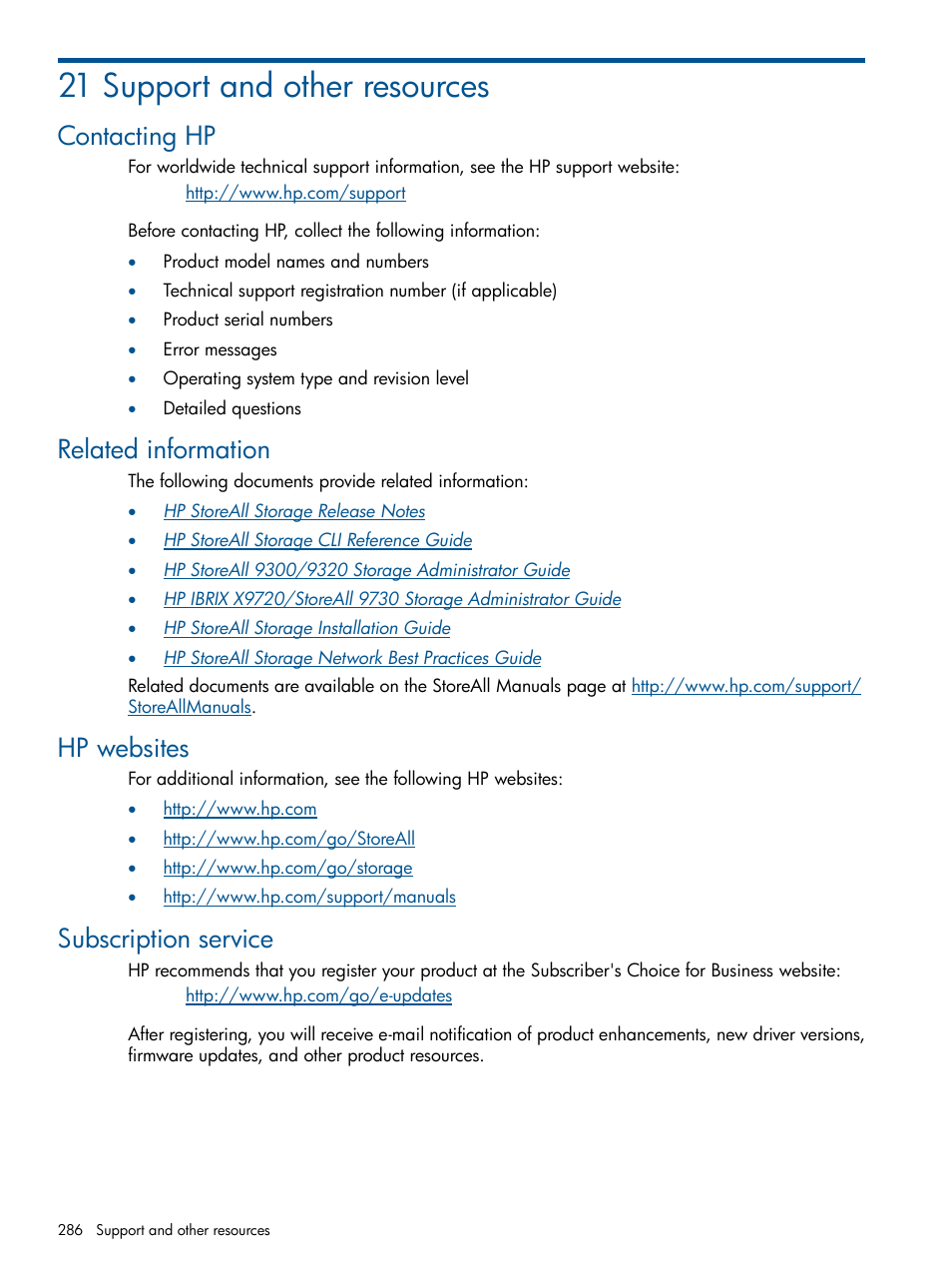 21 support and other resources, Contacting hp, Related information | Hp websites, Subscription service | HP StoreAll Storage User Manual | Page 286 / 294