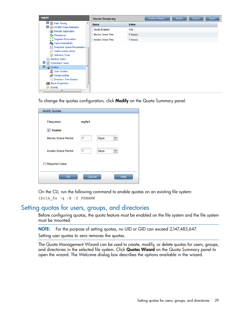 Setting quotas for users, groups, and directories | HP StoreAll Storage User Manual | Page 29 / 294