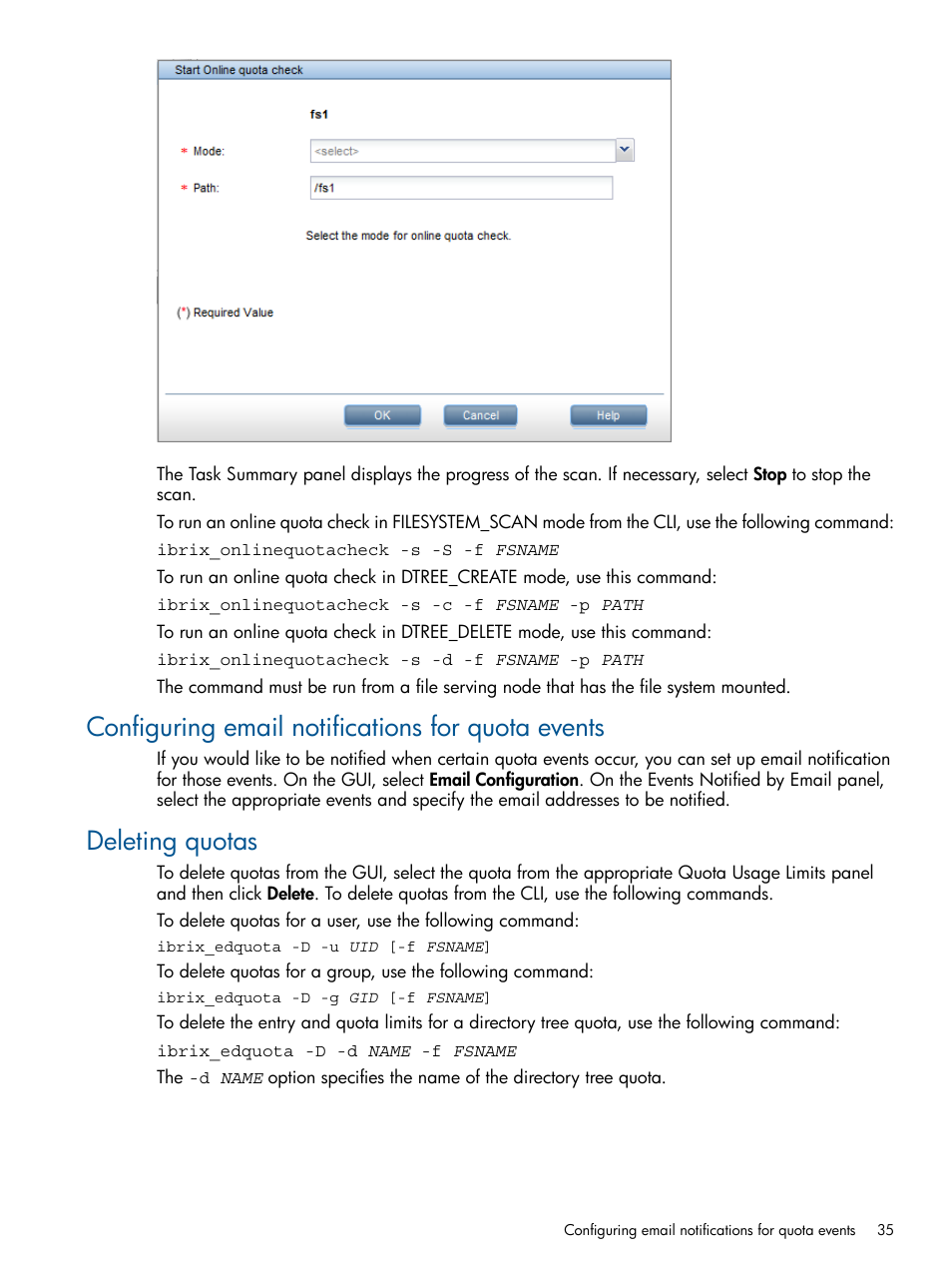 Configuring email notifications for quota events, Deleting quotas | HP StoreAll Storage User Manual | Page 35 / 294