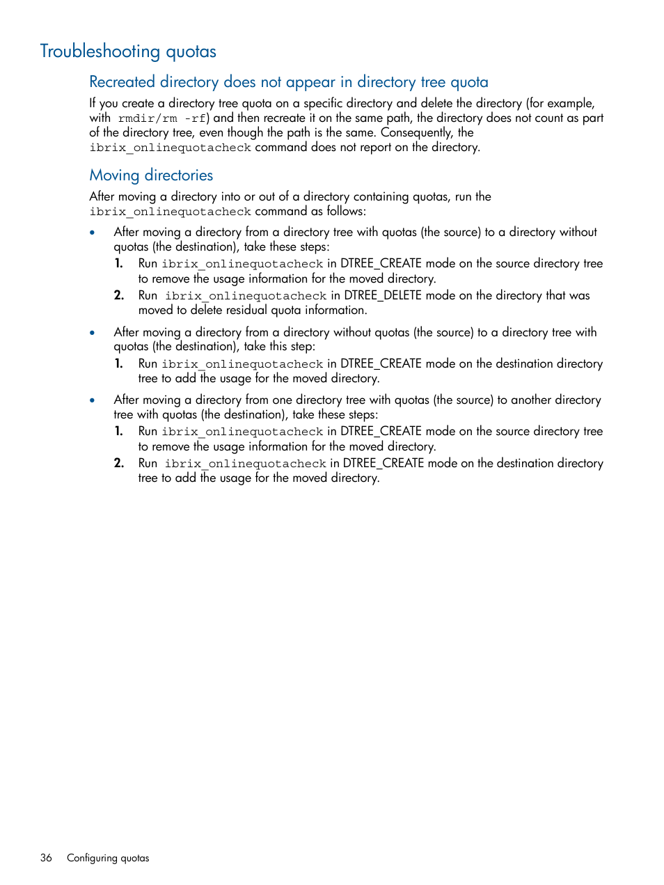 Troubleshooting quotas, Moving directories | HP StoreAll Storage User Manual | Page 36 / 294