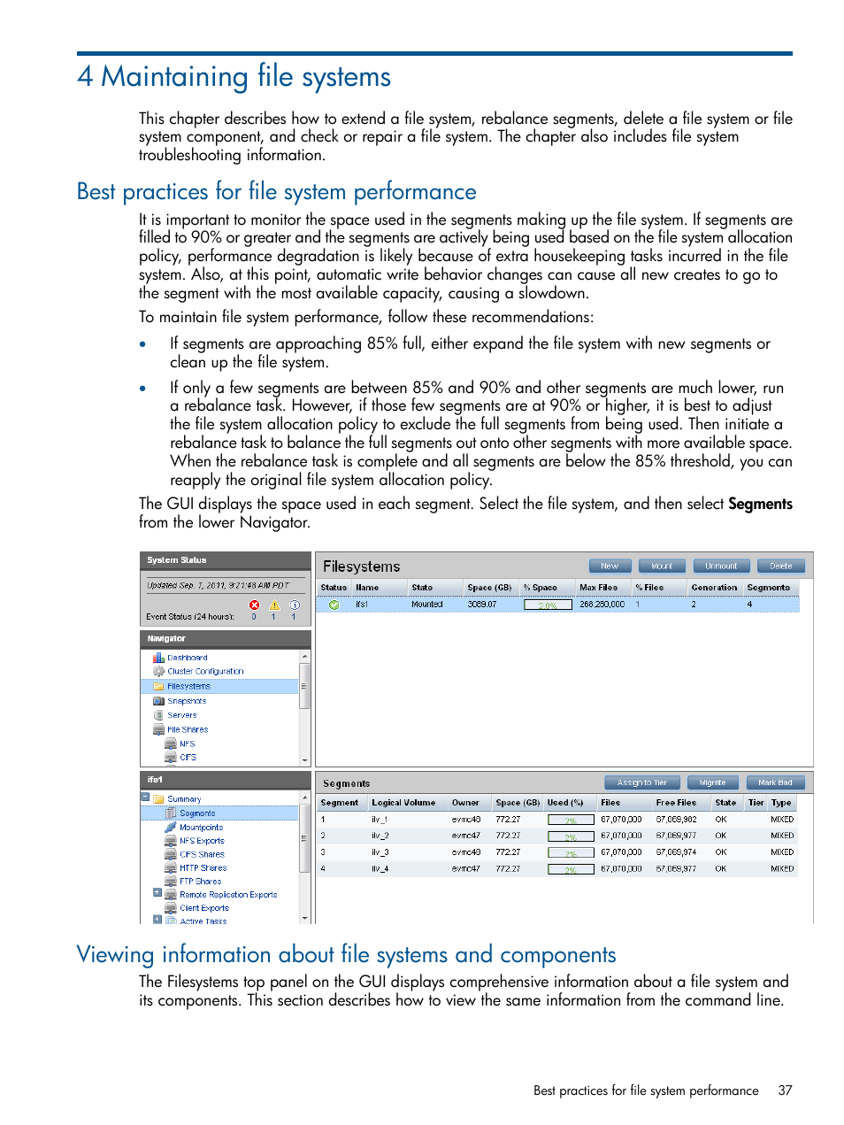 4 maintaining file systems, Best practices for file system performance | HP StoreAll Storage User Manual | Page 37 / 294