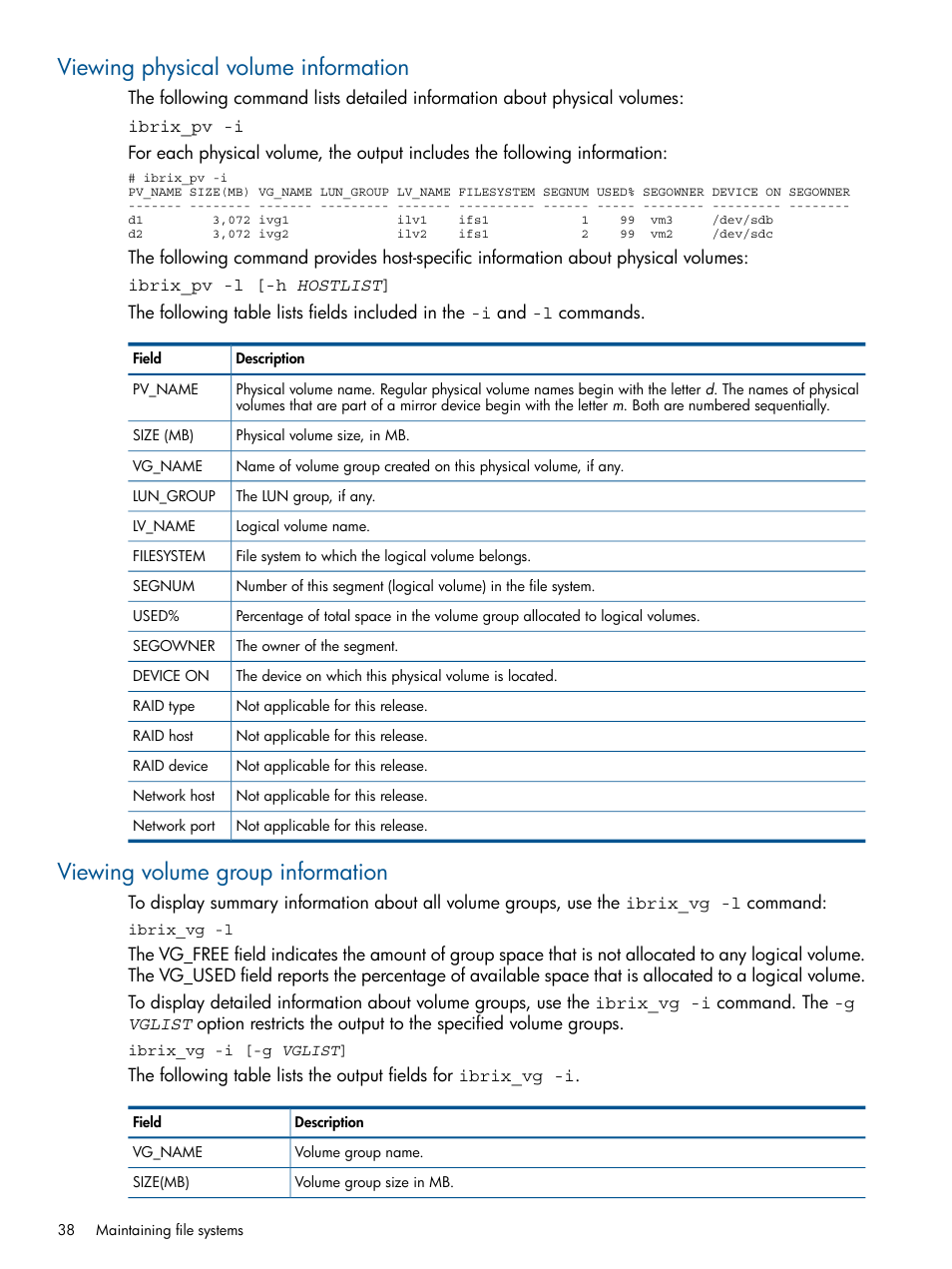Viewing physical volume information, Viewing volume group information | HP StoreAll Storage User Manual | Page 38 / 294