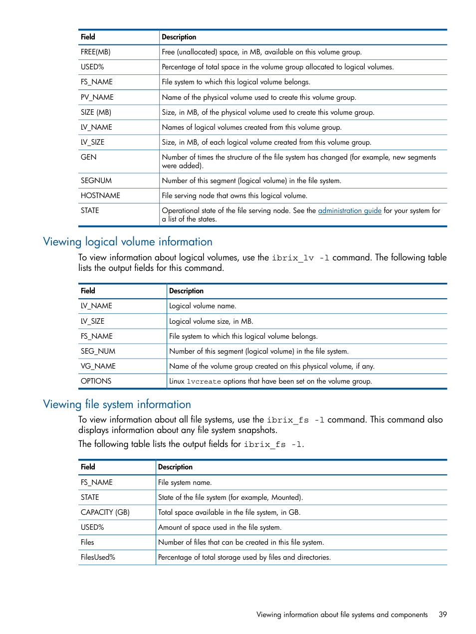 Viewing logical volume information, Viewing file system information | HP StoreAll Storage User Manual | Page 39 / 294