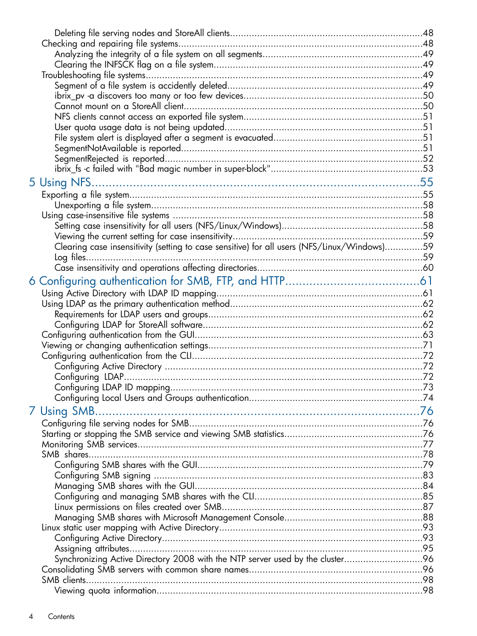5 using nfs, 7 using smb | HP StoreAll Storage User Manual | Page 4 / 294