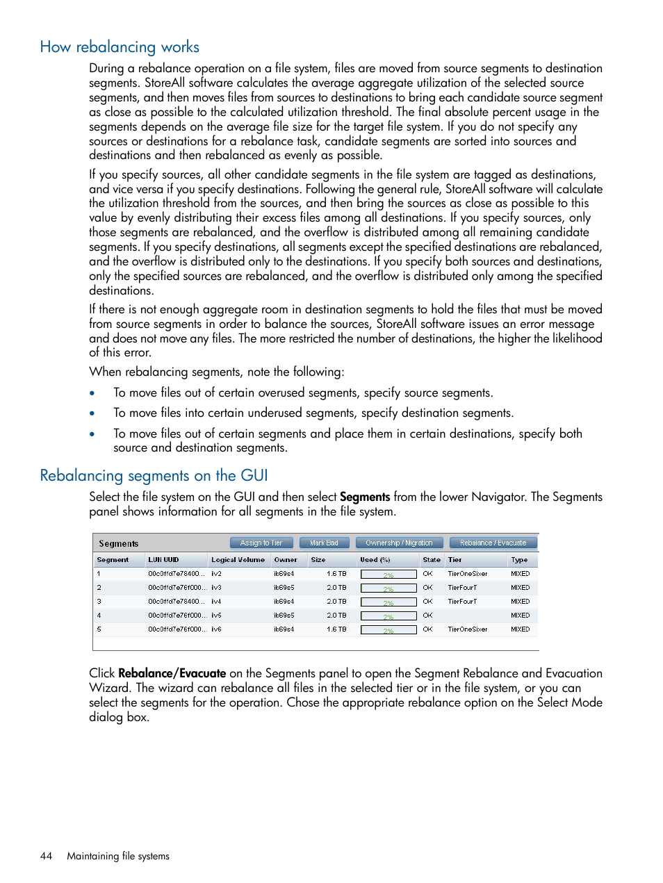 How rebalancing works, Rebalancing segments on the gui | HP StoreAll Storage User Manual | Page 44 / 294