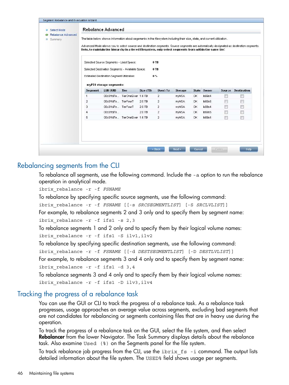 Rebalancing segments from the cli, Tracking the progress of a rebalance task | HP StoreAll Storage User Manual | Page 46 / 294
