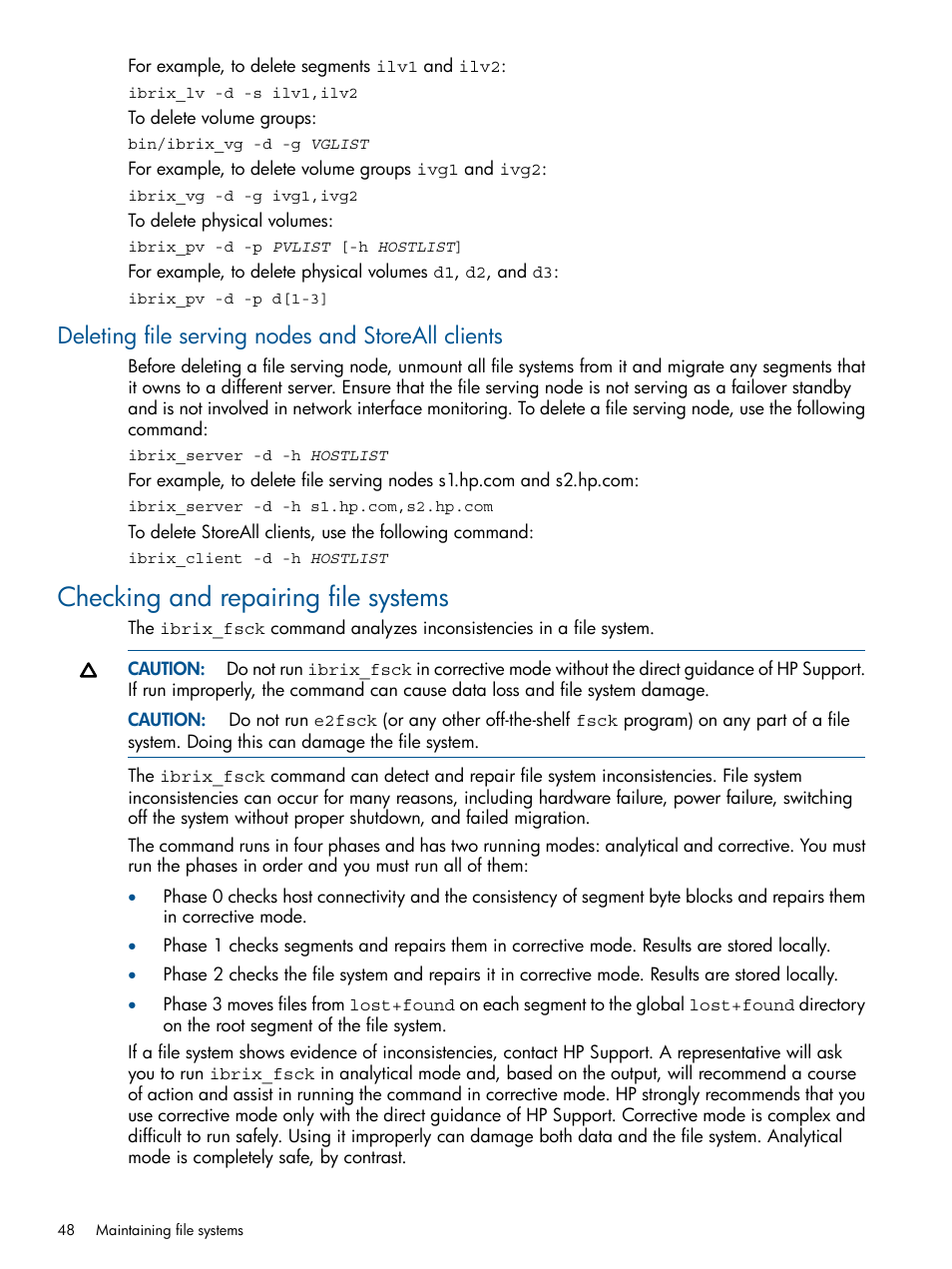 Deleting file serving nodes and storeall clients, Checking and repairing file systems | HP StoreAll Storage User Manual | Page 48 / 294