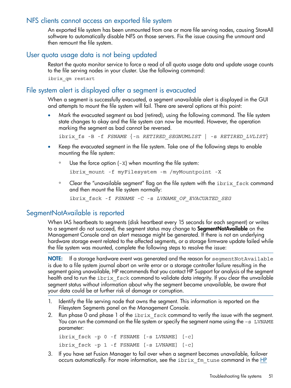 Nfs clients cannot access an exported file system, User quota usage data is not being updated, Segmentnotavailable is reported | HP StoreAll Storage User Manual | Page 51 / 294