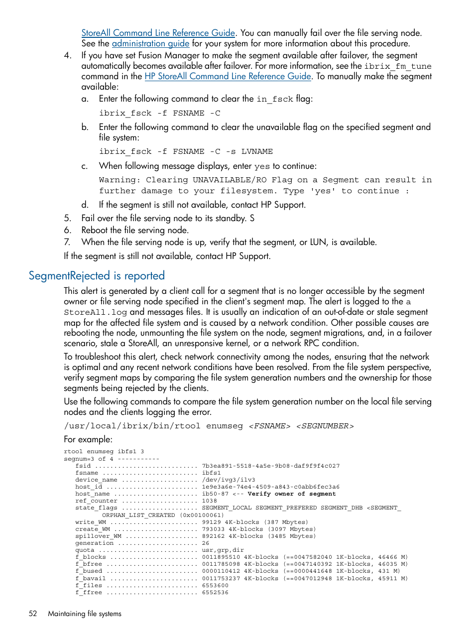 Segmentrejected is reported | HP StoreAll Storage User Manual | Page 52 / 294