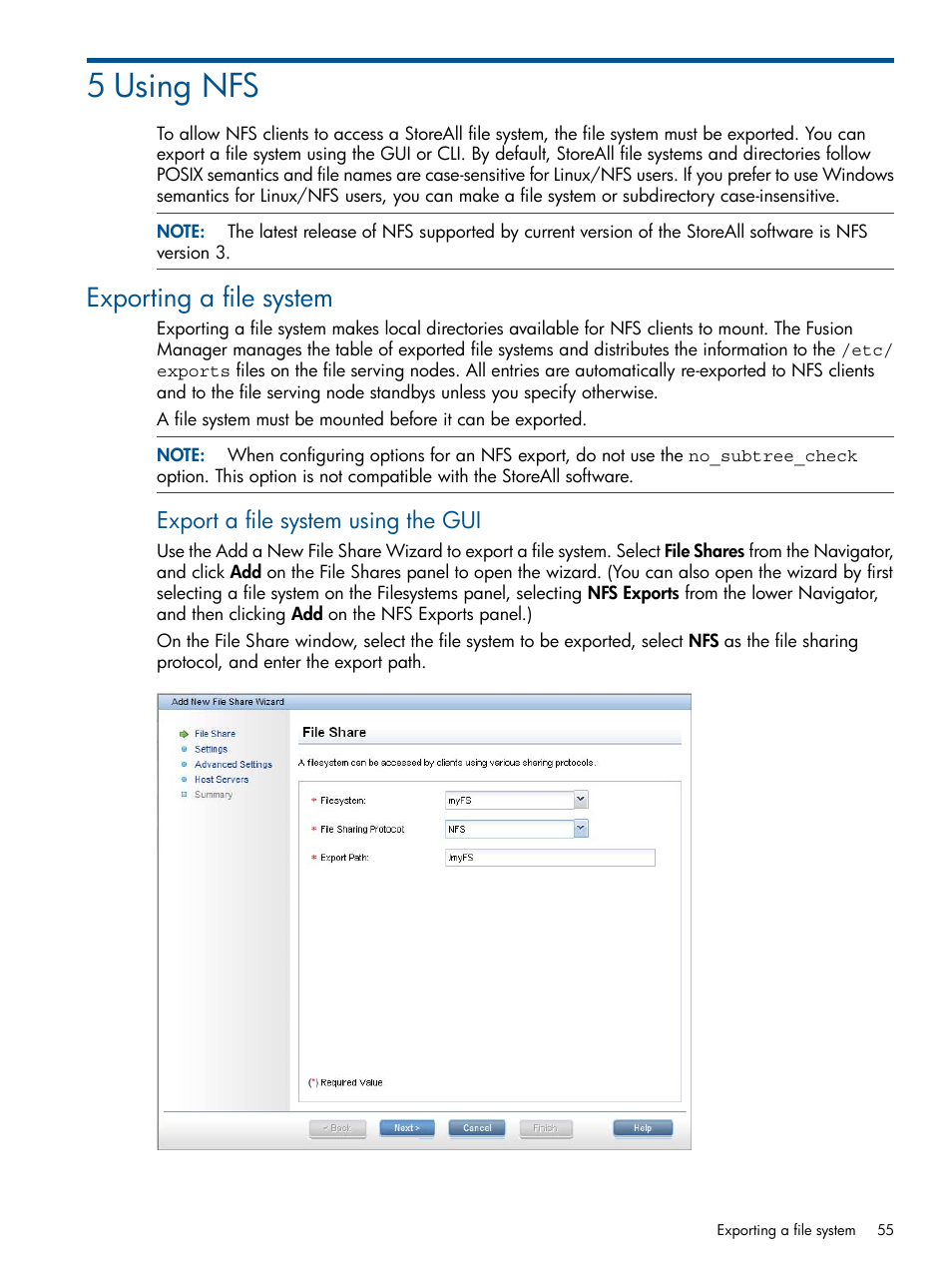 5 using nfs, Exporting a file system, Export a file system using the gui | HP StoreAll Storage User Manual | Page 55 / 294