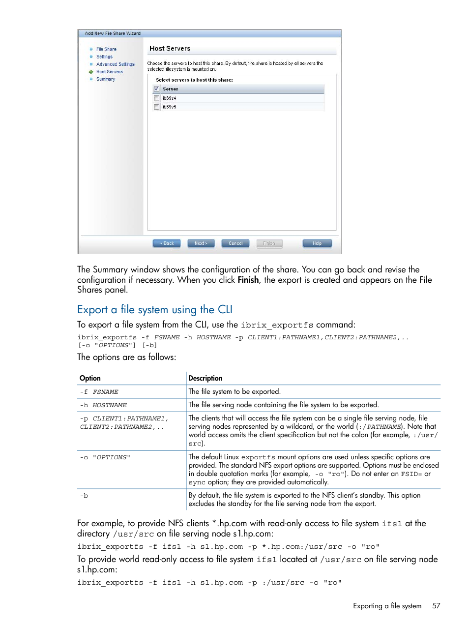 Export a file system using the cli | HP StoreAll Storage User Manual | Page 57 / 294