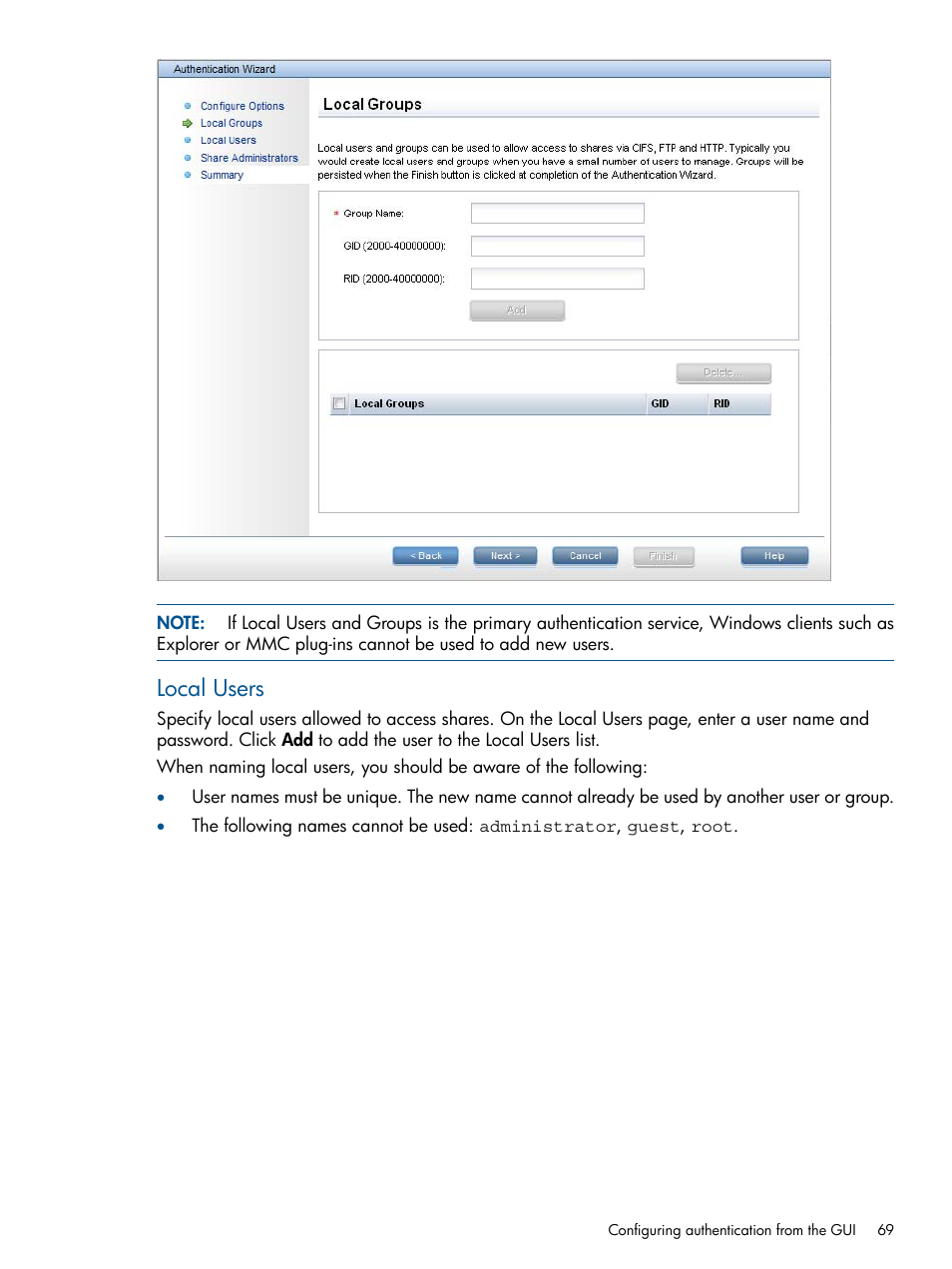 Local users | HP StoreAll Storage User Manual | Page 69 / 294