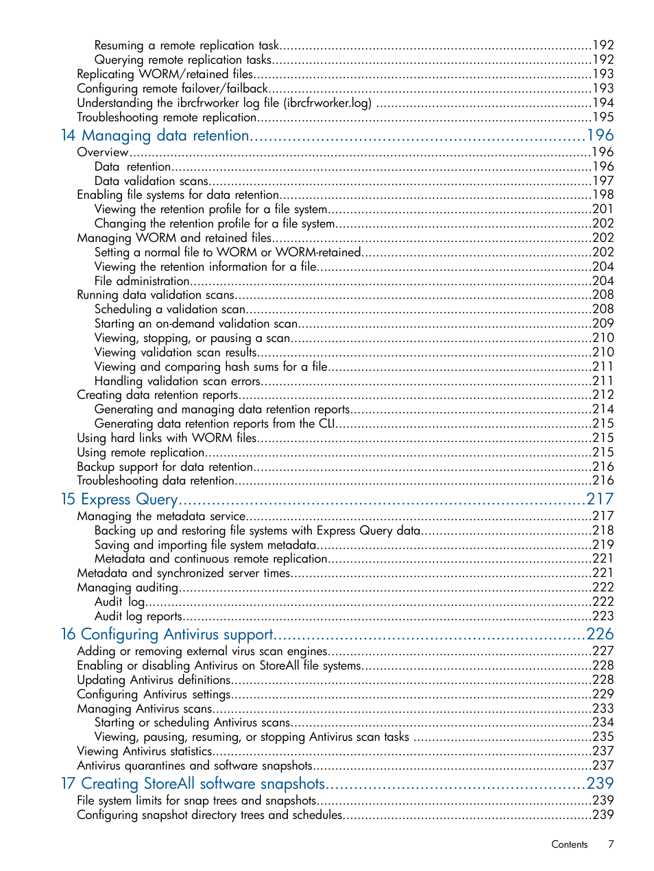 14 managing data retention, 15 express query, 16 configuring antivirus support | 17 creating storeall software snapshots | HP StoreAll Storage User Manual | Page 7 / 294