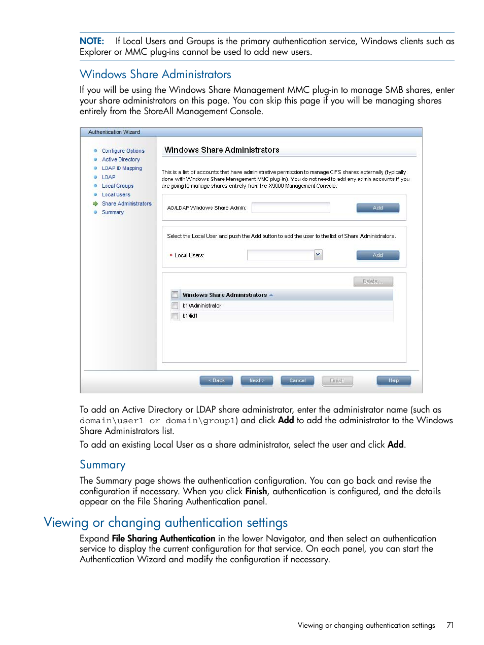 Viewing or changing authentication settings, Windows share administrators, Summary | HP StoreAll Storage User Manual | Page 71 / 294
