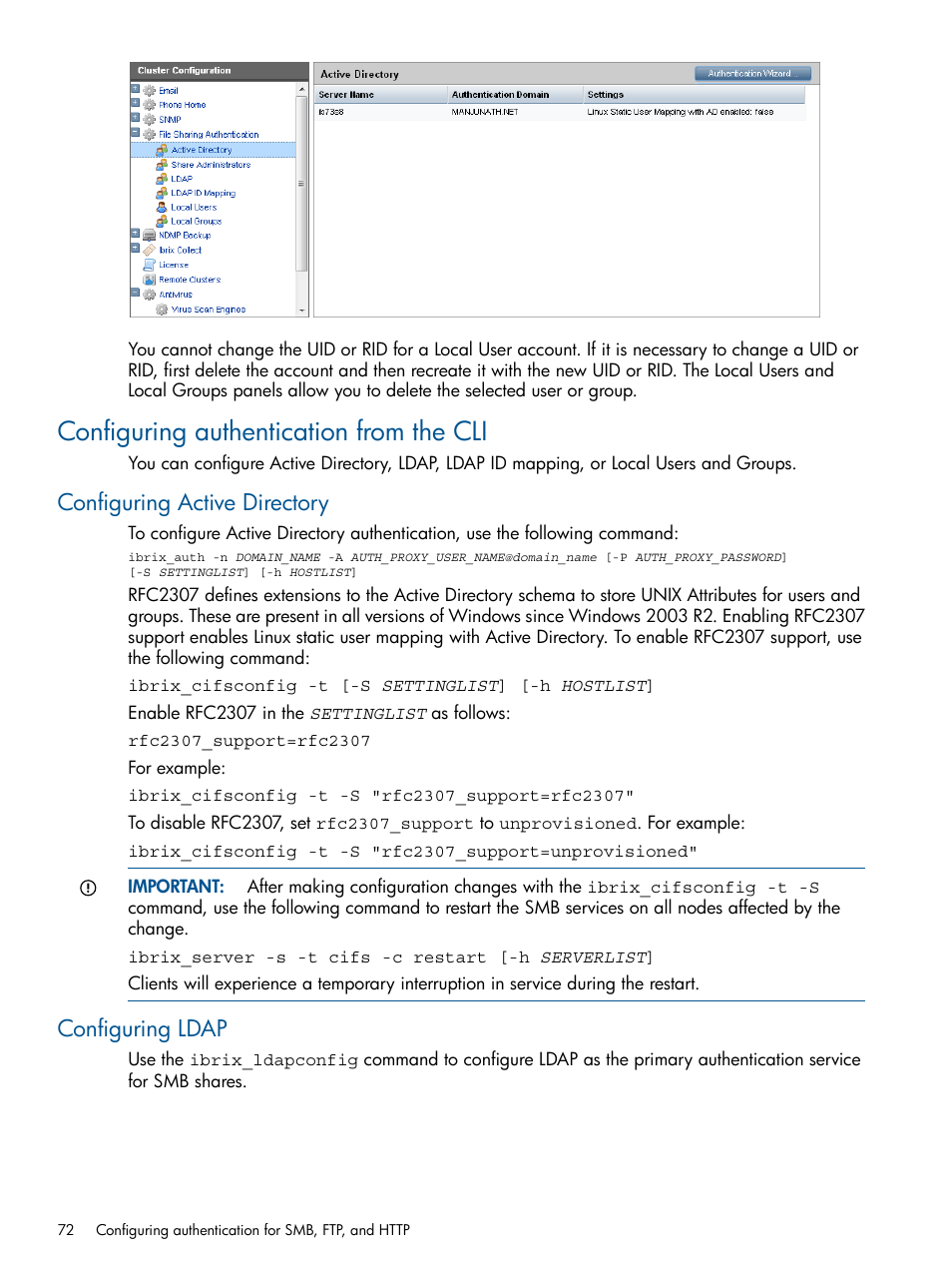 Configuring authentication from the cli, Configuring active directory, Configuring ldap | Configuring active directory configuring ldap | HP StoreAll Storage User Manual | Page 72 / 294