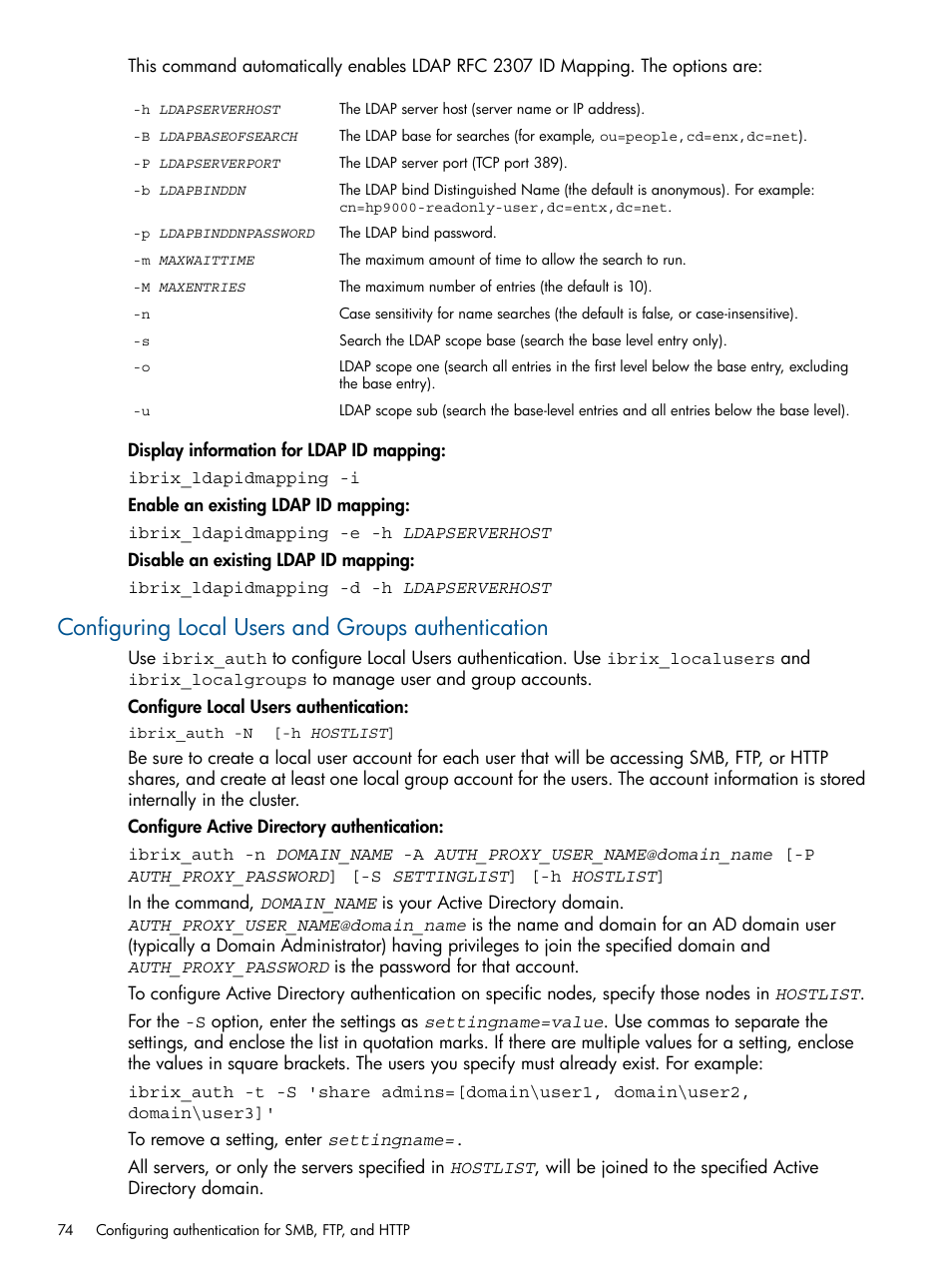 Configuring local users and groups authentication | HP StoreAll Storage User Manual | Page 74 / 294