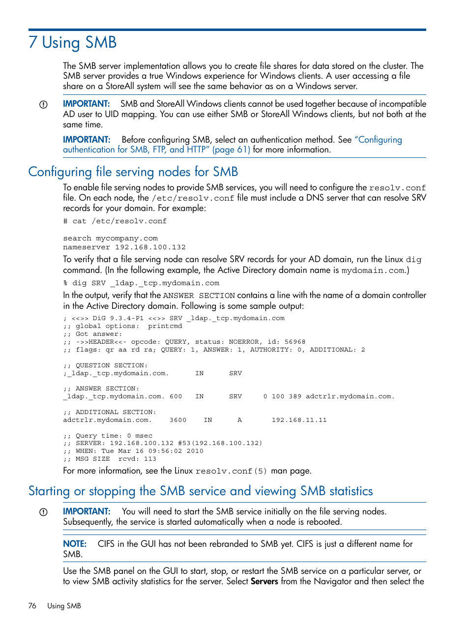 7 using smb, Configuring file serving nodes for smb | HP StoreAll Storage User Manual | Page 76 / 294