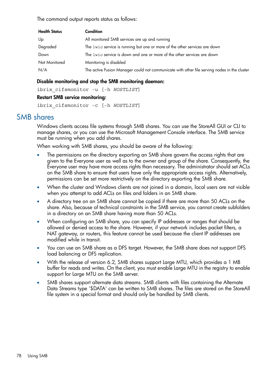 Smb shares | HP StoreAll Storage User Manual | Page 78 / 294