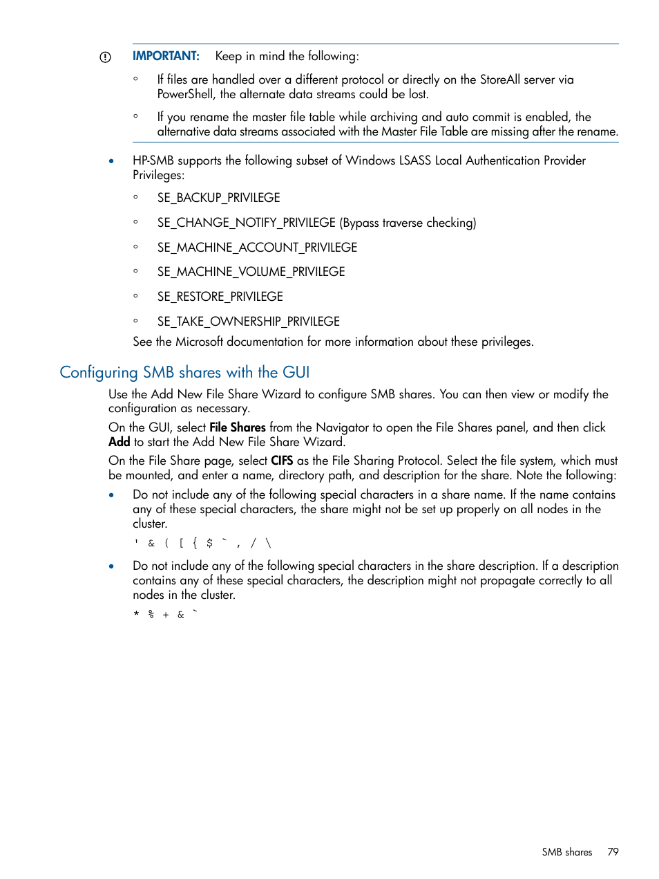 Configuring smb shares with the gui | HP StoreAll Storage User Manual | Page 79 / 294