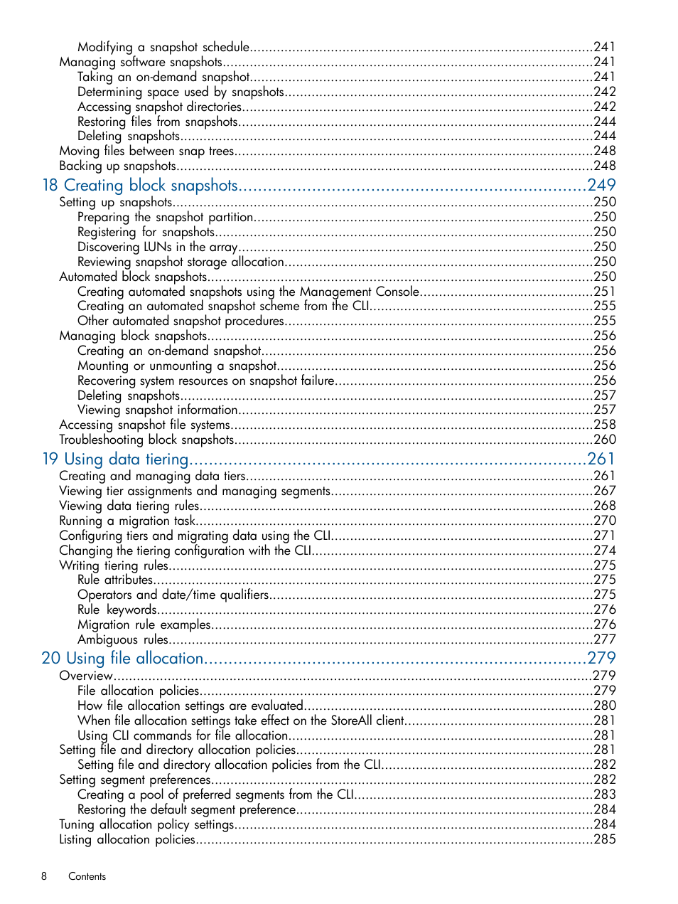 18 creating block snapshots, 19 using data tiering, 20 using file allocation | HP StoreAll Storage User Manual | Page 8 / 294