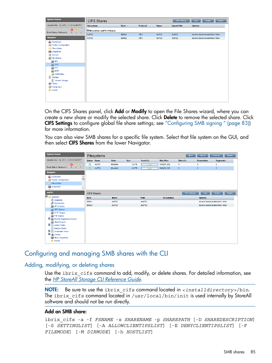 Configuring and managing smb shares with the cli, Adding, modifying, or deleting shares | HP StoreAll Storage User Manual | Page 85 / 294