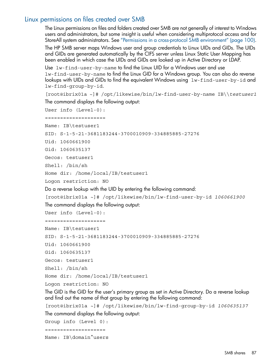 Linux permissions on files created over smb | HP StoreAll Storage User Manual | Page 87 / 294