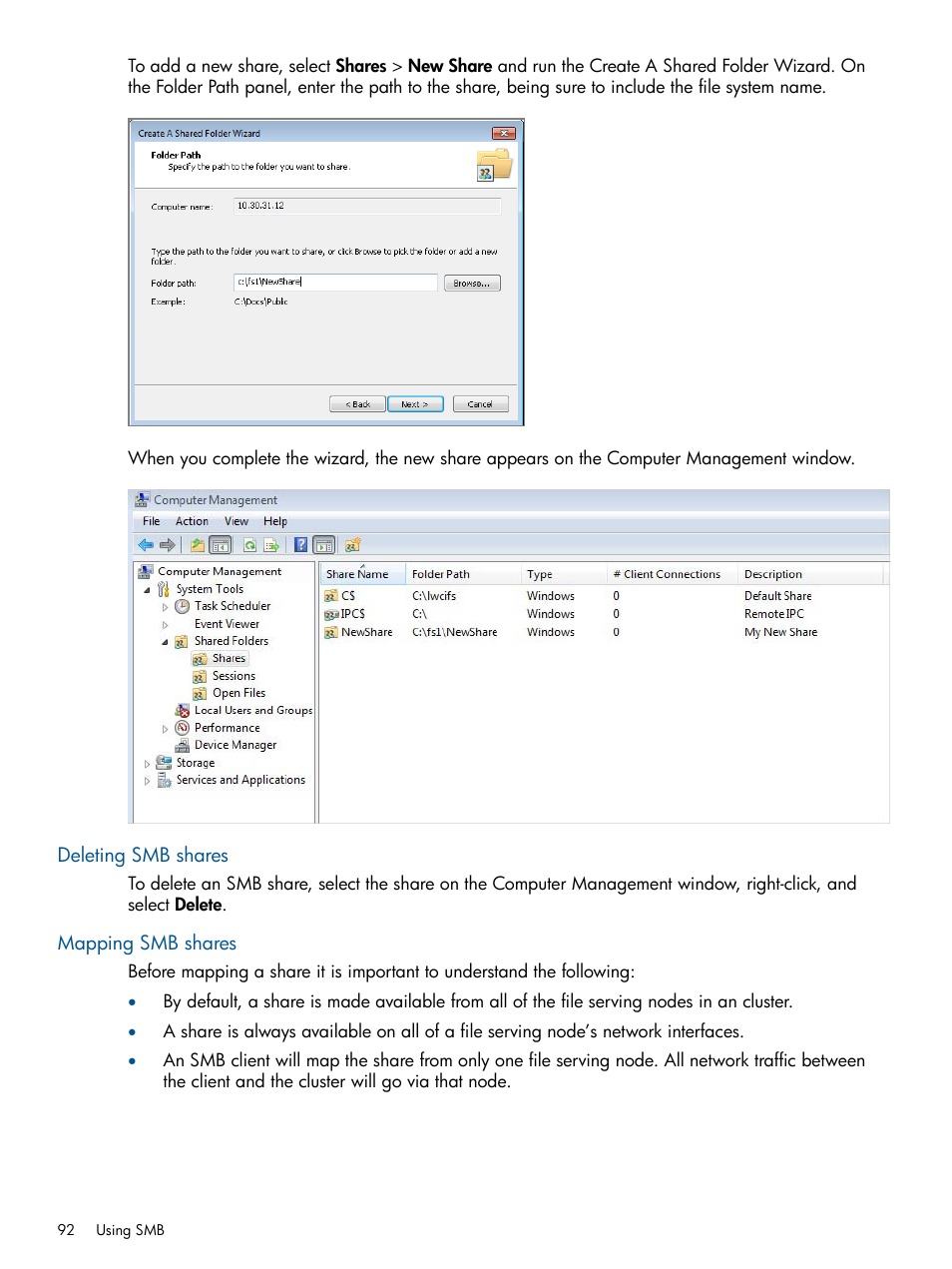 Deleting smb shares, Mapping smb shares | HP StoreAll Storage User Manual | Page 92 / 294