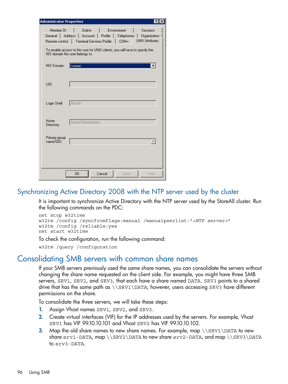 Consolidating smb servers with common share names | HP StoreAll Storage User Manual | Page 96 / 294