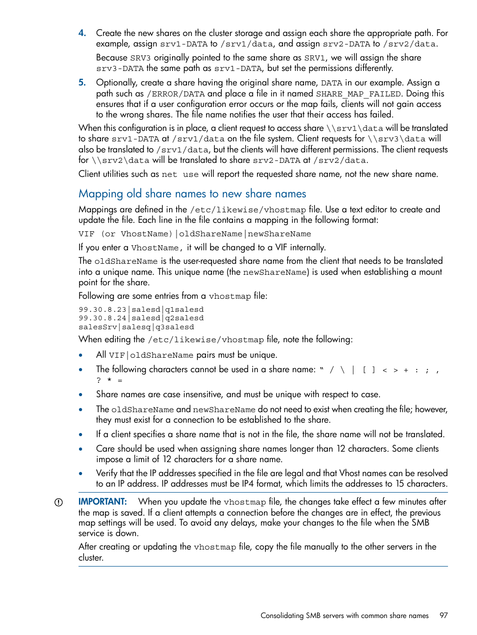 Mapping old share names to new share names | HP StoreAll Storage User Manual | Page 97 / 294