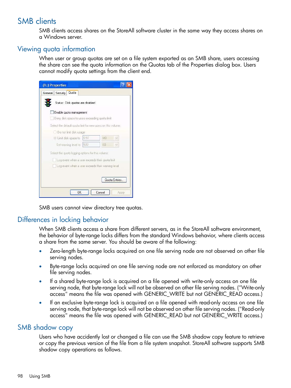 Smb clients, Viewing quota information, Differences in locking behavior | Smb shadow copy, Differences in locking behavior smb shadow copy | HP StoreAll Storage User Manual | Page 98 / 294