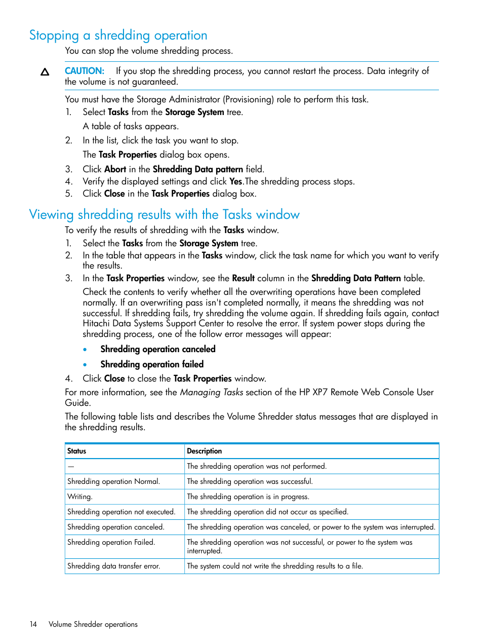 Stopping a shredding operation, Viewing shredding results with the tasks window | HP XP7 Storage User Manual | Page 14 / 27