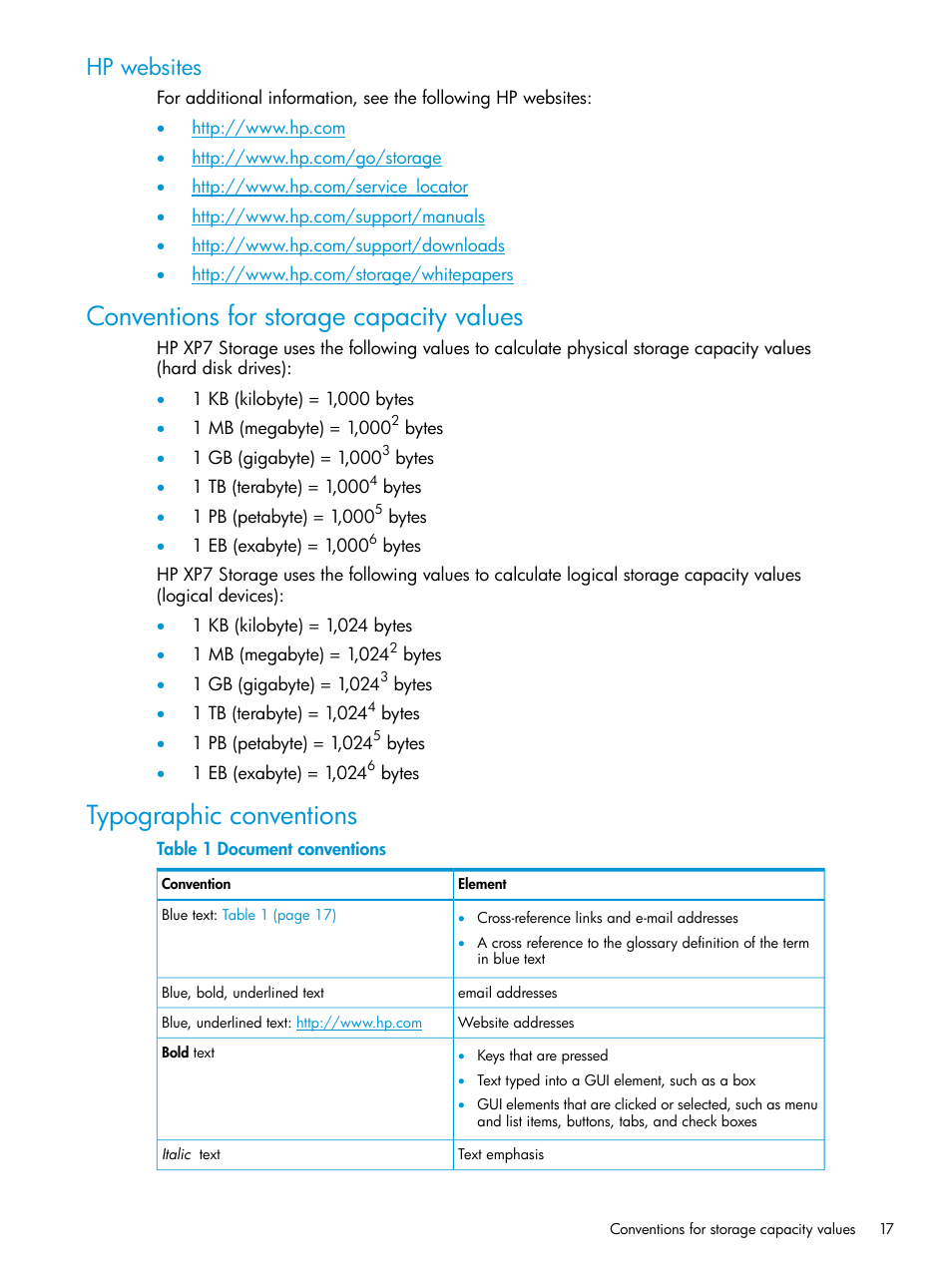 Hp websites, Conventions for storage capacity values, Typographic conventions | HP XP7 Storage User Manual | Page 17 / 27
