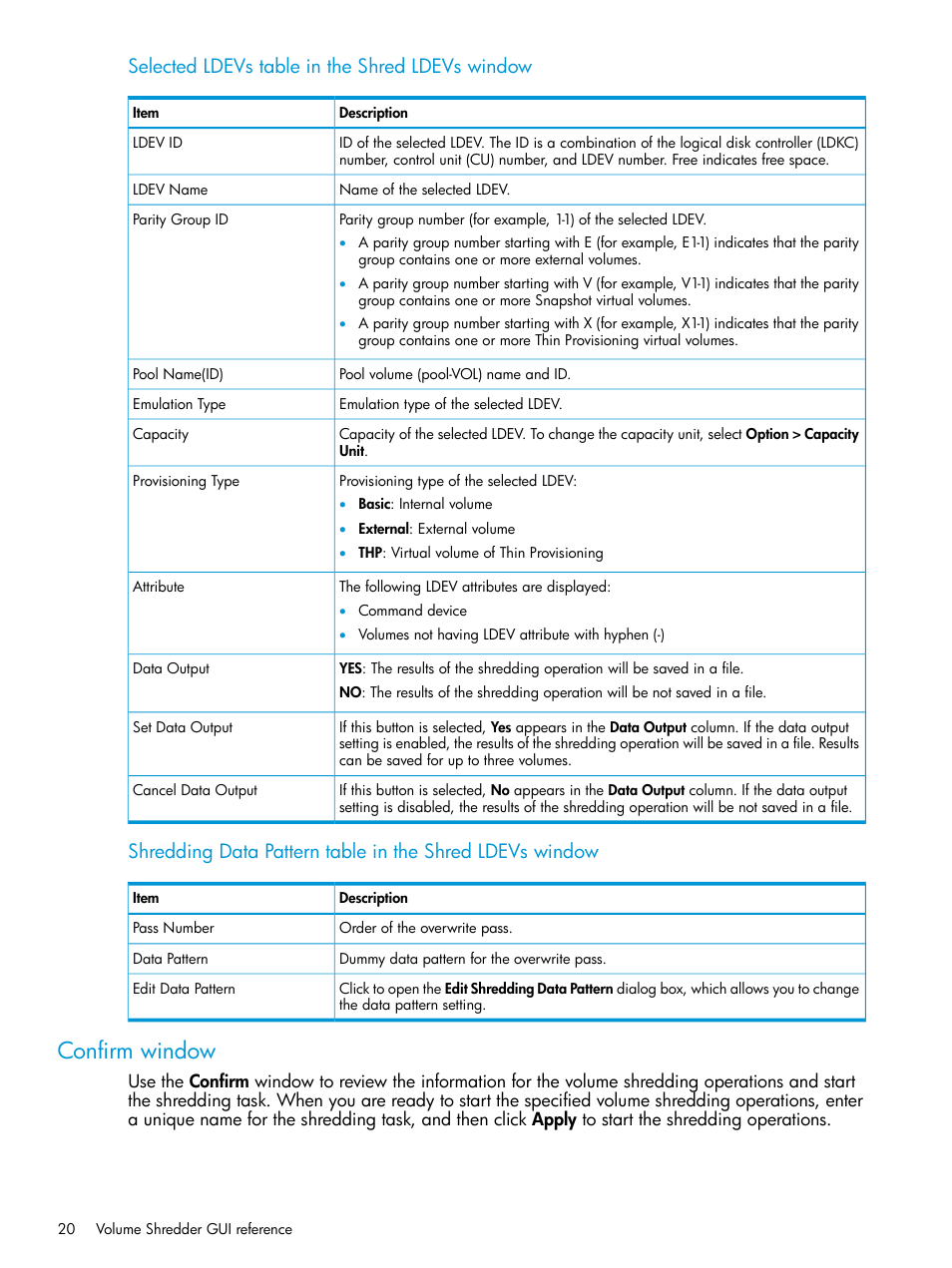 Confirm window, Selected ldevs table in the shred ldevs window | HP XP7 Storage User Manual | Page 20 / 27