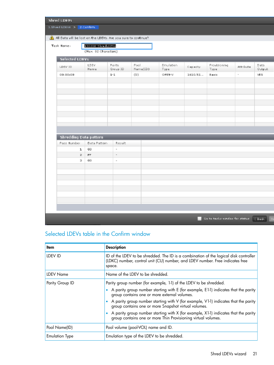 Selected ldevs table in the confirm window | HP XP7 Storage User Manual | Page 21 / 27