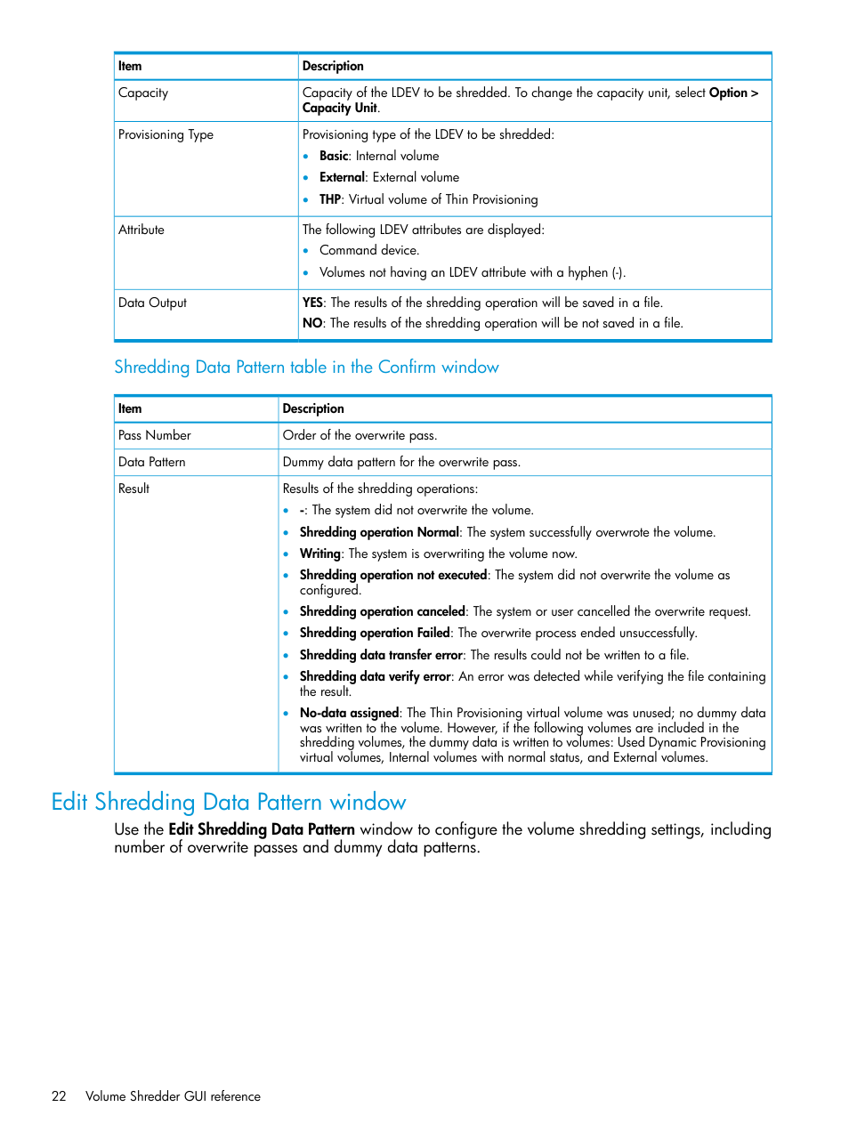 Edit shredding data pattern window, Shredding data pattern table in the confirm window | HP XP7 Storage User Manual | Page 22 / 27