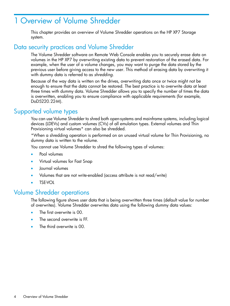 1 overview of volume shredder, Data security practices and volume shredder, Supported volume types | Volume shredder operations | HP XP7 Storage User Manual | Page 4 / 27
