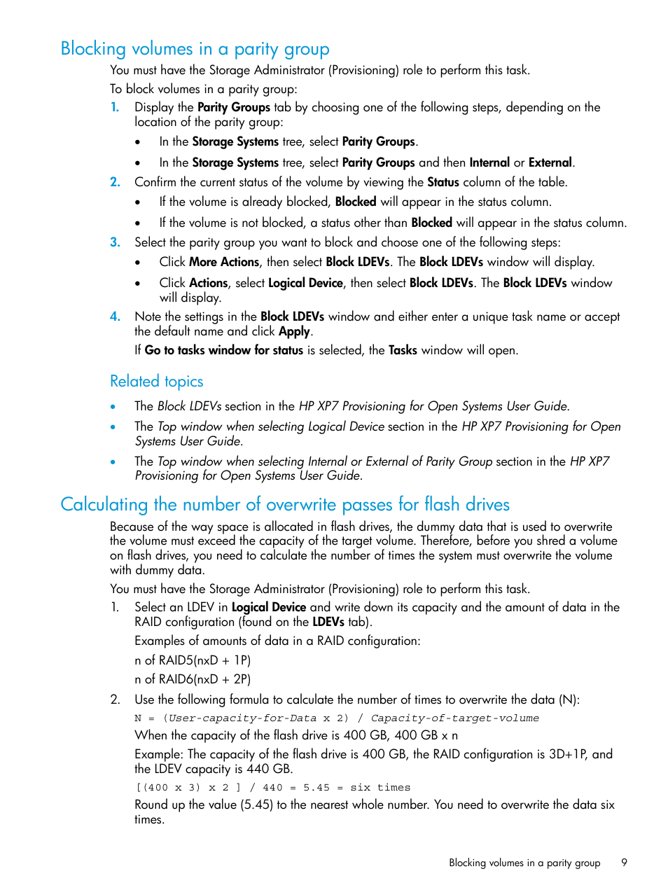 Blocking volumes in a parity group, Related topics | HP XP7 Storage User Manual | Page 9 / 27