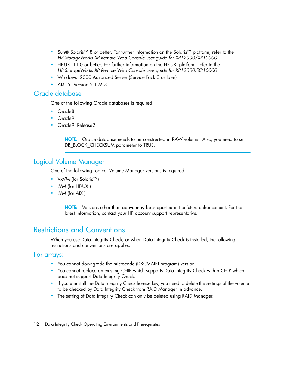 Oracle database, Logical volume manager, Restrictions and conventions | For arrays, Oracle database logical volume manager | HP StorageWorks XP Remote Web Console Software User Manual | Page 12 / 20