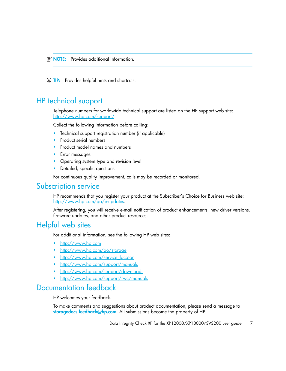 Hp technical support, Subscription service, Helpful web sites | Documentation feedback | HP StorageWorks XP Remote Web Console Software User Manual | Page 7 / 20