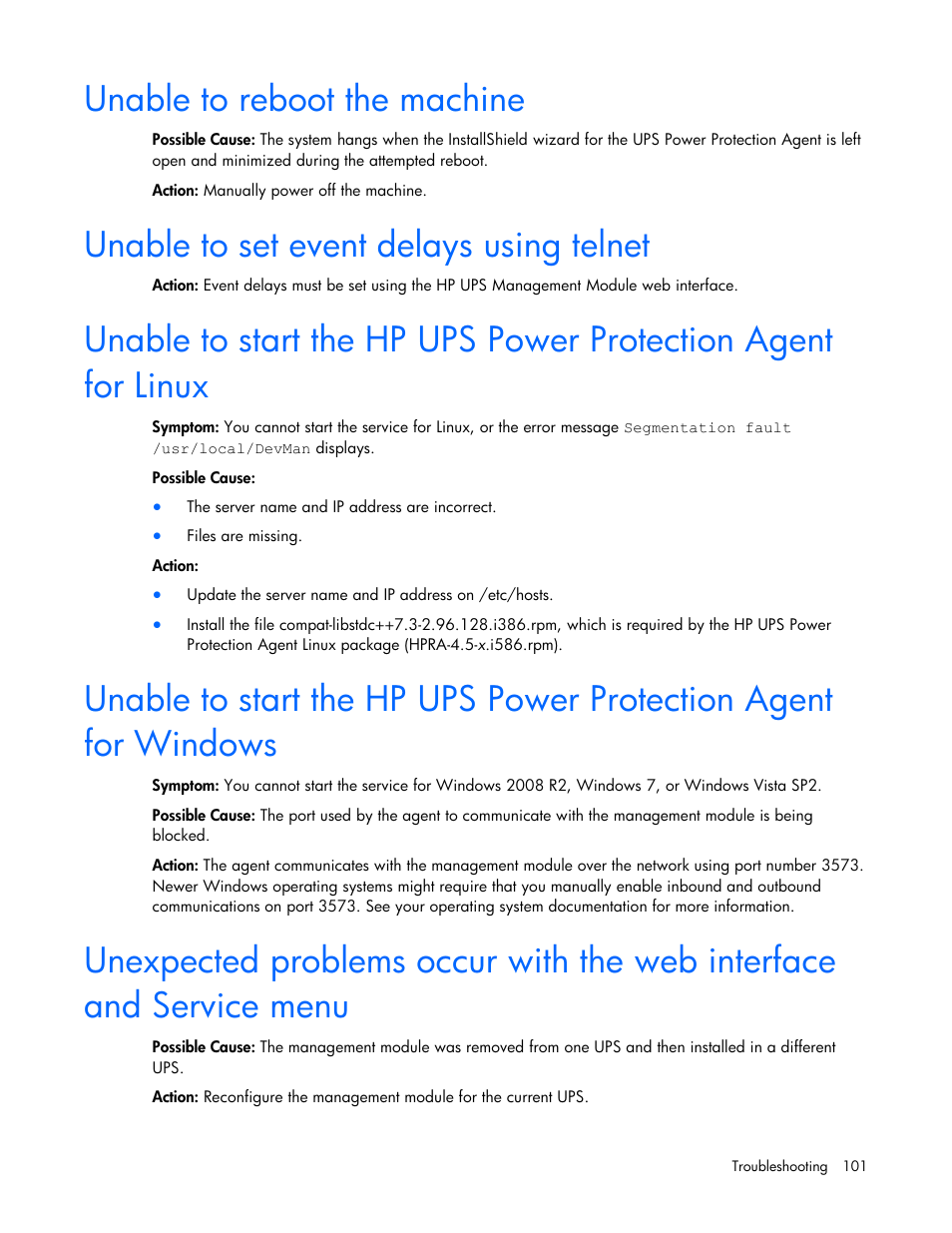Unable to reboot the machine, Unable to set event delays using telnet | HP UPS Management Modules User Manual | Page 101 / 133