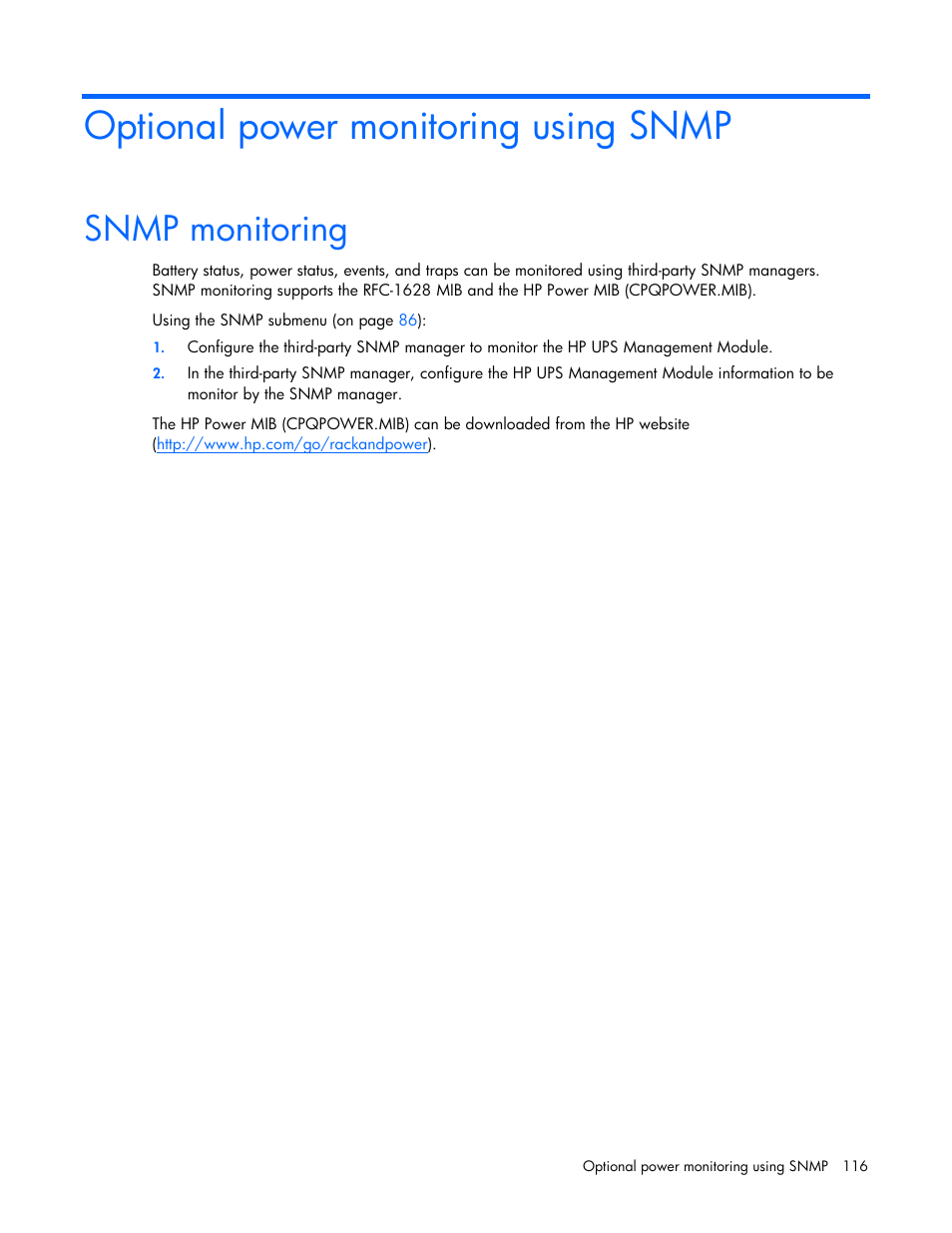Optional power monitoring using snmp, Snmp monitoring | HP UPS Management Modules User Manual | Page 116 / 133