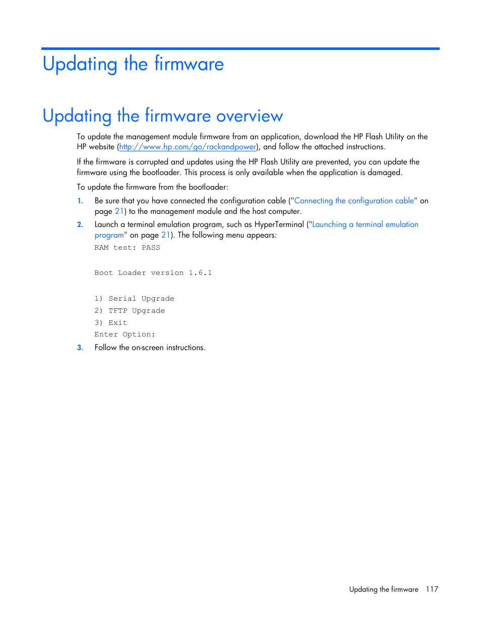 Updating the firmware, Updating the firmware overview | HP UPS Management Modules User Manual | Page 117 / 133