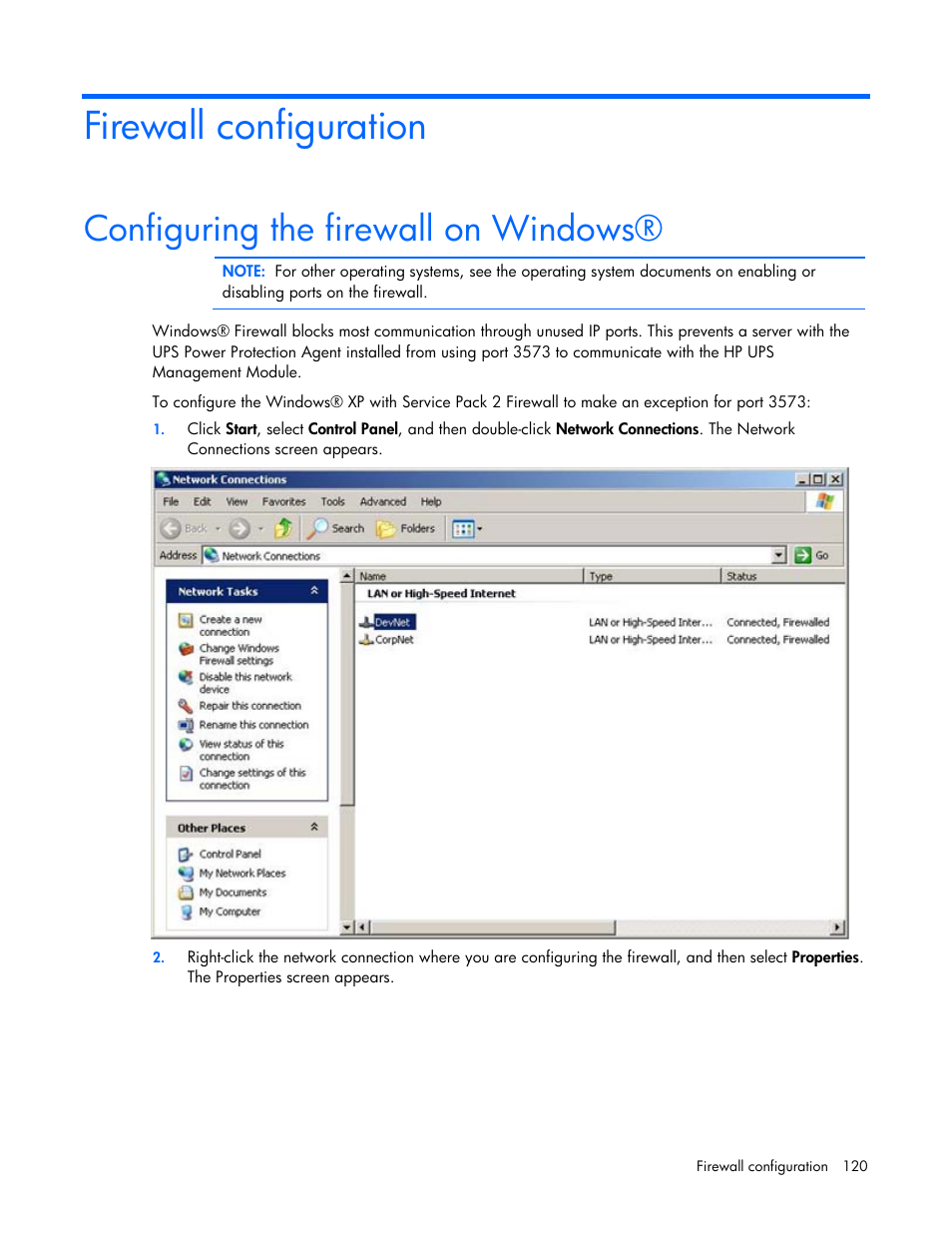 Firewall configuration, Configuring the firewall on windows | HP UPS Management Modules User Manual | Page 120 / 133