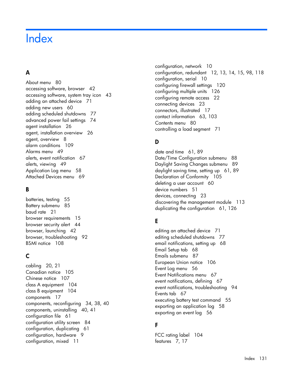 Index | HP UPS Management Modules User Manual | Page 131 / 133
