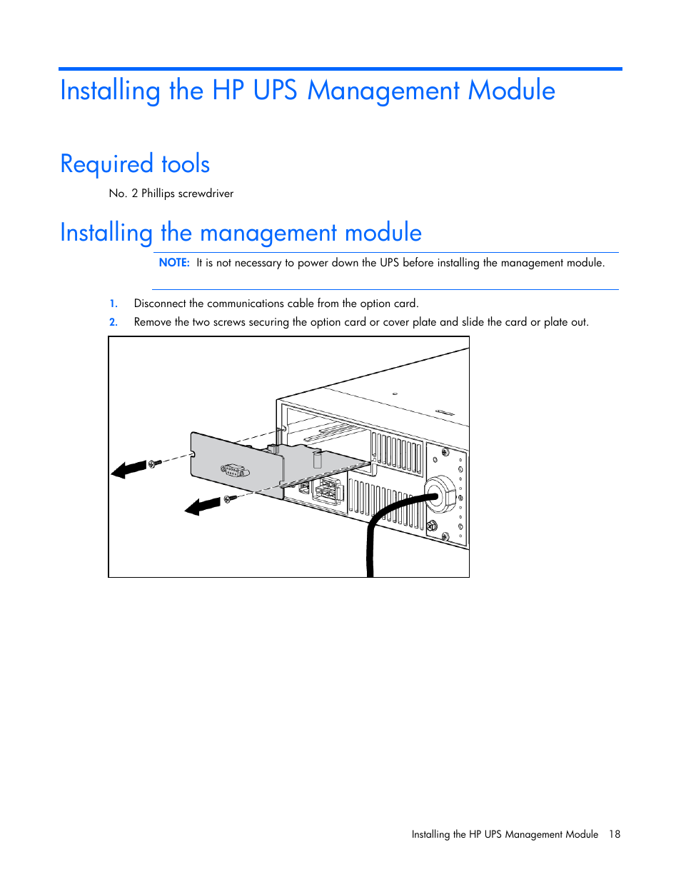 Installing the hp ups management module, Required tools, Installing the management module | Required tools installing the management module | HP UPS Management Modules User Manual | Page 18 / 133